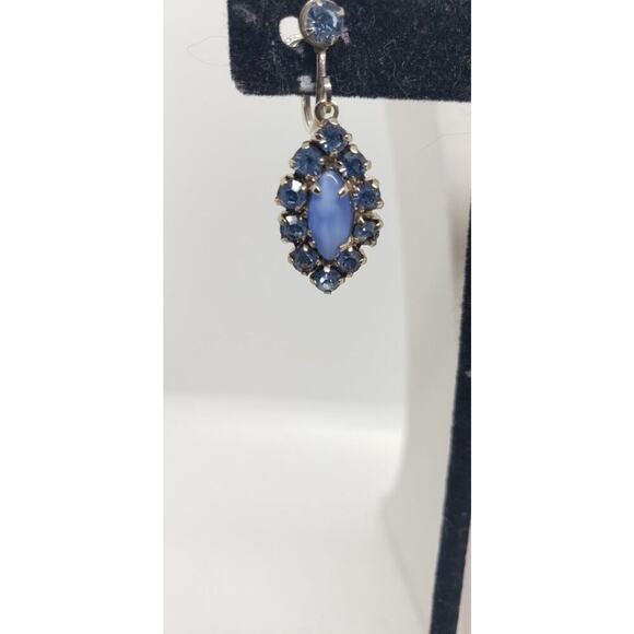 Vintage Blue Necklace Choker Earrings Set Givre Glass Moonstone Rhinestone 1950s - Picture 5 of 12